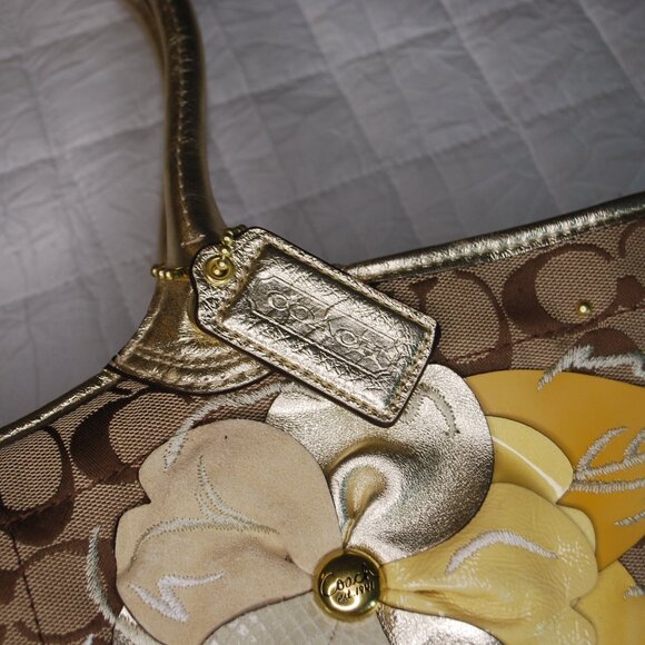 🌸COACH Large Signature Bleeker Floral Khaki Gold Tote Carryall Handbag🌸 - Picture 9 of 14